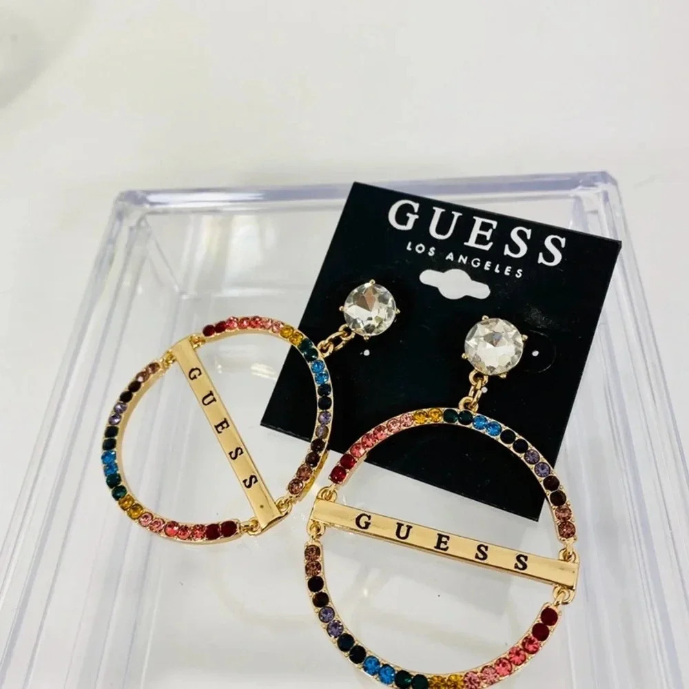 🆕 Guess Rainbow Crystal Dangle Earrings with Logo - Picture 4 of 5